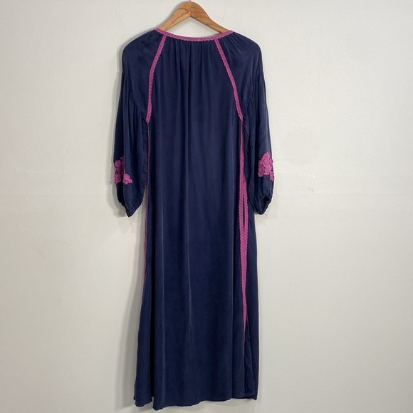 Line + Dot Embroidered Midi Dress Puffed Sleeves Small Blue - Picture 6 of 12